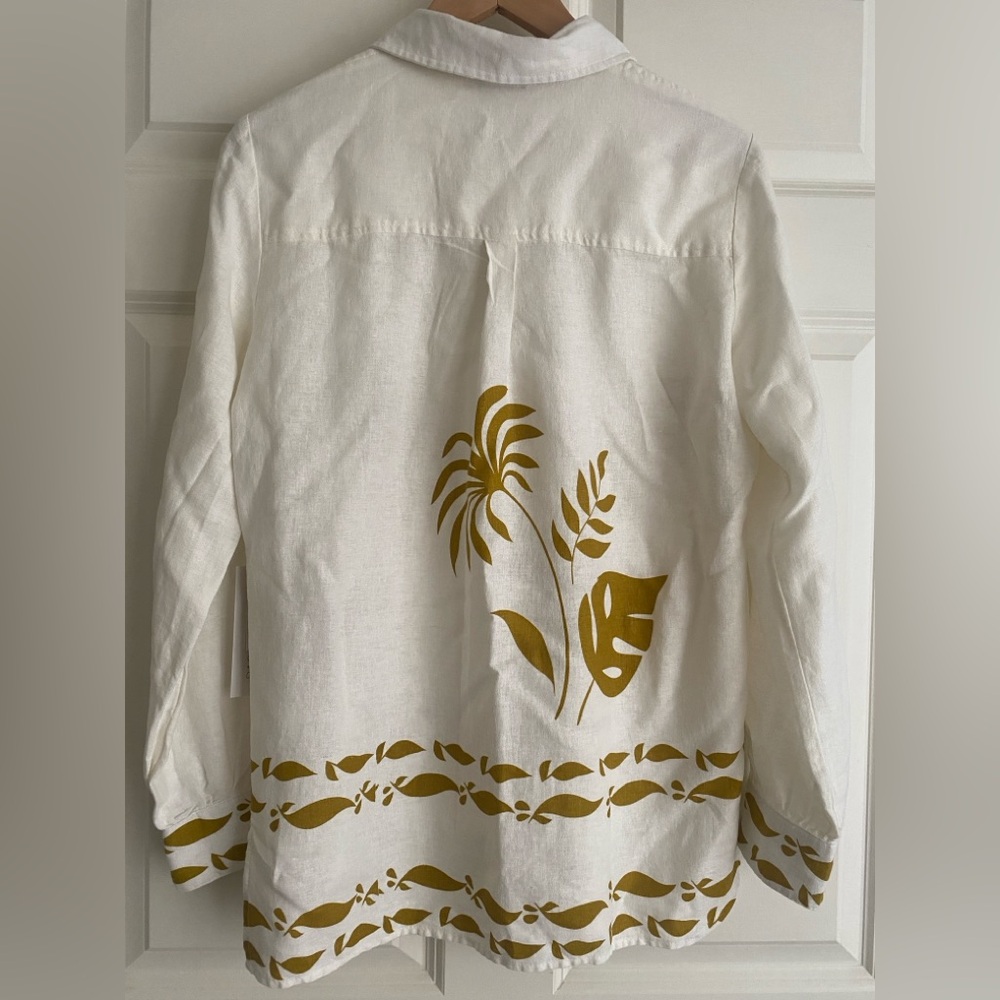Rachel Zoe White Button-Up Shirt Gold Palm Leaf Print Size S NWT Linen Blend - Picture 2 of 12